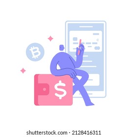 Flat modern character leaning on the wallet sends and receives money. finance, capital investment, E-payment. Business Concept illustration with man taking part in business activities