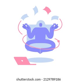 Flat modern character levitates in a lotus position with flying papers around him. Effective business management, multitasking and meditation. Business illustration, business activities