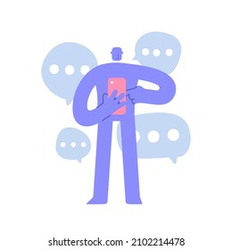 Flat modern character looks into a smartphone and discusses the business process in messenger. Chat with colleagues. Business Concept illustration with man taking part in business activities
