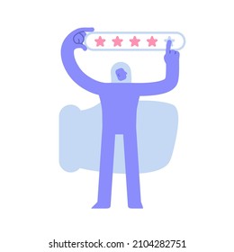 El carácter moderno y plano que muestra una excelente calificación de cinco estrellas. Opinión de los clientes 5 estrellas, mejor calidad. Ejemplo de concepto de negocio con un hombre que participa en actividades empresariales