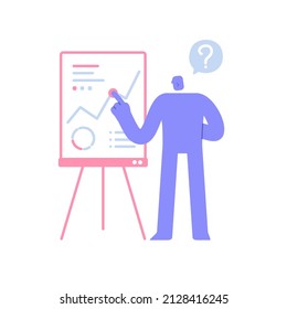 Flat modern character showing statistics in charts on interactive dashboard. business presentation. Business Concept illustration with man taking part in business activities