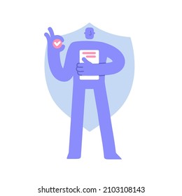 Flat modern character shows that everything is ok with protection. Data protection, information privacy. Business Concept illustration with man taking part in business activities