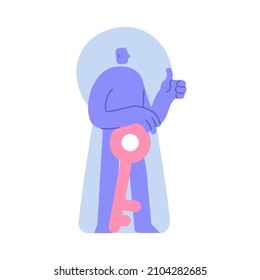 Flat modern character shows thumbs up for excellent data protection. Good and Excellent Safety, access key. Business Concept illustration with man taking part in business activities