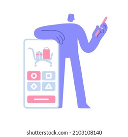 Flat modern character with a smartphone in his hand makes online purchases. Online shopping. Business Concept illustration with man taking part in business activities