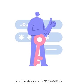 Flat modern character stands next to a large key and informs with a thumb up that the password is strong. Business Concept illustration with man taking part in business activities
