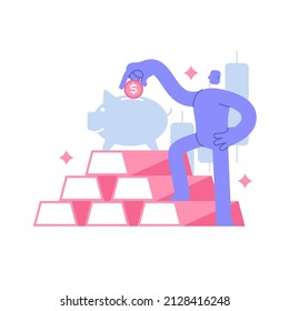Flat modern character stands on bars of gold, and puts a coin in a pig piggy bank. Gold investment, money management. Business Concept illustration with man taking part in business activities