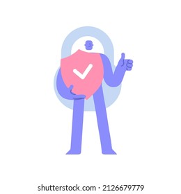 Carácter moderno y plano con un escudo que protege la información confidencial. Concepto de seguridad de datos. Ejemplo de concepto de negocio con un hombre que participa en actividades empresariales