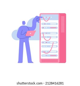 Flat modern character system administrator with laptop working in data center room. Business Concept illustration with man taking part in business activities