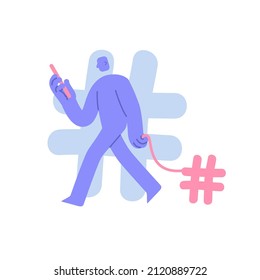 Flat modern character walks with smart phone and hashtag. social media concept. Business Concept illustration with man taking part in business activities