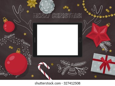 Flat modern Christmas banner design with digital tablet and decorations on chalkboard. Vector illustration