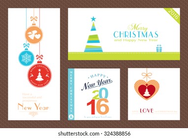 Flat, modern Christmas and Happy New Year backgrounds isolated on white with baubles, Christmas trees and sayings for the festive season to come.