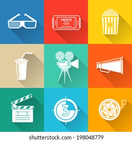 Flat modern cinema (movie) icons set with - cinema projector, film strip, 3D glasses, clapboard, popcorn in a striped tub, cinema ticket, glass of drink.
