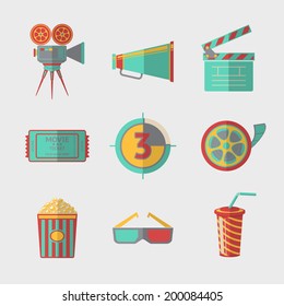 Flat modern cinema (movie) icons set with - cinema projector, film strip, 3D glasses, clapboard, popcorn in a striped tub, cinema ticket, glass of drink.