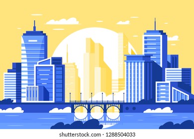 Flat modern city landscape with bridge, river, tower and sunset. Concept metropolis infrastructure near water. Vector illustration.