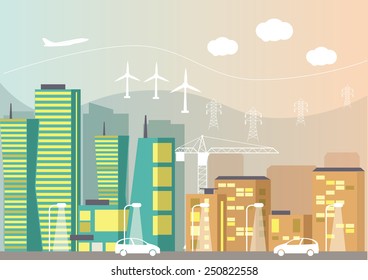Moderna ciudad plana y transporte. Ilustración del vector