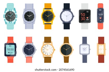 Flat modern, classic and luxury wrist watches with bracelet. Smart watch, accessory hand clock for men and women. Cartoon watches vector set. Different clockworks faces in silver or gold frames