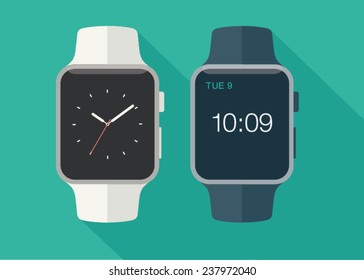 Flat modern and classic smart watch with long shadow. Vector illustration. svg
