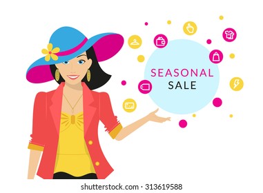 Flat modern close-up illustration of smiling woman wearing blue hat with shopping icons