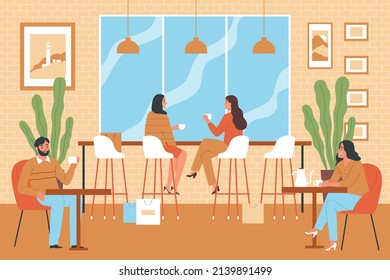 Flat modern coffee shop interior with people resting and communicating in armchairs and on bar stools vector illustration