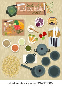 Flat modern concept design for cooking from the top view on the kitchen table.