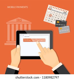Flat modern concept design tax day, mobile payment, online tax payment with human finger tuching at the tablet and April page of the calendar 2019 year and credit cards.  EPS 10