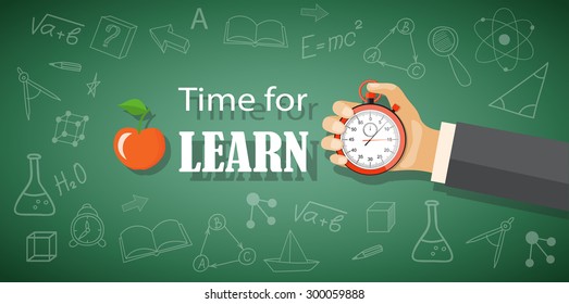 Flat modern concept for education time with drawing icons and the stopwatch in the hand - eps 10