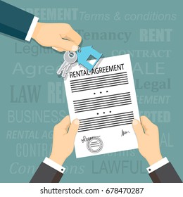  Flat modern concept of financial operations, rent, sale, business. Top view the man hand giving keys and hands holding a rental agreement and words on the background. EPS 10