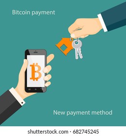 Flat modern concept of financial operations with bitcoin, bitcoin payment, rent, sale, business. The man hand giving house keys and other holding a mobile phone with  bitcoin symbol. EPS 10