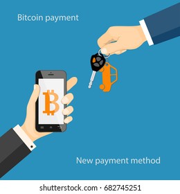 Flat modern concept of financial operations with bitcoin, bitcoin payment, rent, sale, business. The man hand giving car keys and other holding a mobile phone with  bitcoin symbol. EPS 10