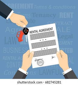 Flat modern concept of financial operations, rent, sale, business. The man hand giving car keys and hands holding a rental agreement and words on the background. EPS 10