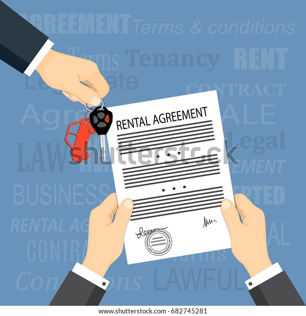 Flat modern concept of\
financial operations, rent, sale, business. The man hand giving car\
keys and hands holding a rental agreement and words on the\
background. EPS 10