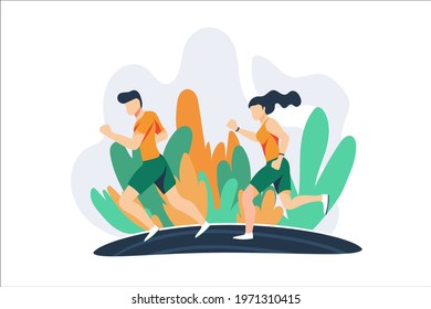  flat modern concept illustration of running men and women, sports, marathon race group perfect for banner, landing page design, tamplate, web banner