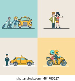 La pareja moderna plana atrapando cabina, motocicleta y el servicio VIP Taxi conjunto de ilustración vectorial. Concepto de transporte de pasajeros de la ciudad.