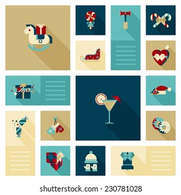 Flat modern creative style winter holidays icon set. Wooden horse, candy, sledge, cocktail, hat, gloves, donut, bell, confetti, gift present box decoration elements. Holiday web site icons collection.