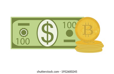 Flat modern design bitcoin investment. Dollar and bitcoins isolated on white background. Vector financial illustration.