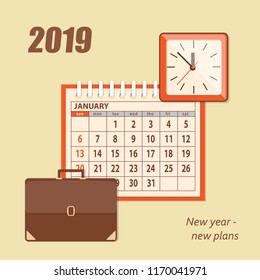 Flat modern design of business planning concept, meeting, start up. Illustration page january 2019 of business calendar, number 2019, briefcase and clock on beige background. EPS 10.