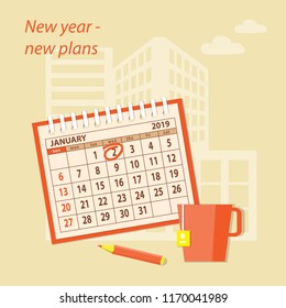 Flat modern design of business planning concept, meeting, start up. Illustration page january 2019 of business calendar, tea cup and pencil  on building background. EPS 10.