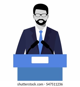 The flat modern design of Businessman giving a presentation. orator speaking from tribune vector illustration