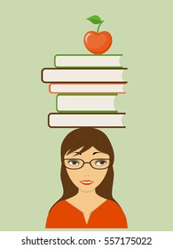 Flat modern design concept back to school for website or banner of  learning, training, reading, seminar, webinar, online education, e-learning, e-book with smiling girl, books, apple. eps 10