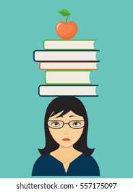 Flat modern design concept back to school for website or banner of learning, training, reading, seminar, webinar, online education, e-learning, e-book with sad girl, books, apple. eps 10