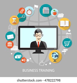 Flat modern design concept of  banner for  business training, news, support,  marketing with man, monitor screen and business icons and symbols. EPS10.