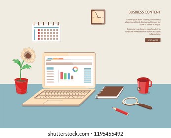 Flat modern design concept of business workplace, home online education, e-learning, business studing, training, webinar with isometric laptop. 3d illustration. eps 10