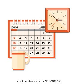 Flat modern design concept of business planning with calendar of the january 2016, clock and cup on the white background. EPS 10.