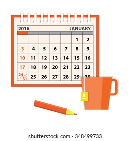 Flat modern design concept of business planning with calendar of the january 2016, pencil and cup on the white background. EPS 10.