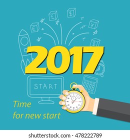 Flat  modern design concept of business  start up, strategy, planning on the 2017. Image for cover of the desk calendar with stopwatch in the hand and hand drawn business symbols.  EPS 10.