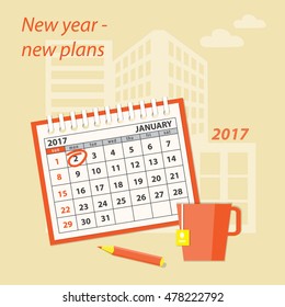 Flat  modern design concept of business strategy, planning. Page of calendar january 2017,  cup of tea  and pencil on the construction background. EPS 10.
