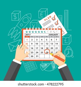 Flat  modern design concept of business strategy, planning meeting. Page of calendar january 2017,  plan  and hands with pencil on the background with hand drawn business symbols. EPS 10.