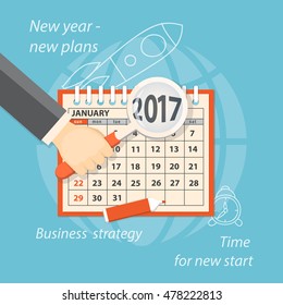 Flat  modern design concept of business strategy, planning. Image of calendar january 2017 and hand with magnifier on the background with hand drawn business symbols. EPS 10.