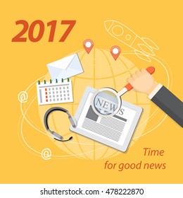 Flat  modern design concept of business  news, strategy, planning on the 2017 for cover of the desk calendar with magnifier in the hand, tablet, headphone on the background with land, rocket.  EPS 10.