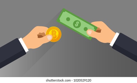 Flat modern design concept of cryptocurrency technology, bitcoin exchange, mobile banking. Hand holding dollar and  bitcoin. Vector illustration. Isolated